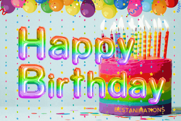 Rainbow  Birthday Gif Cake & Balloons animated gif