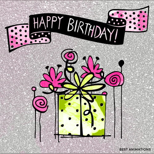 Birthday Gift and Flowers Illustrated Card animated gif