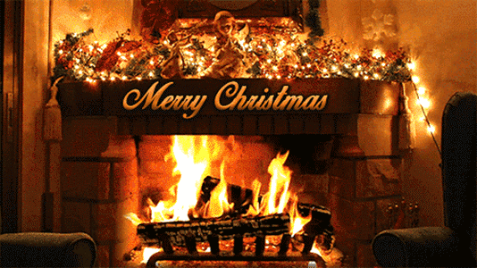 Merry Christmas Greetings Burning Warm Fireplace Angel Christmas Lights Decoration